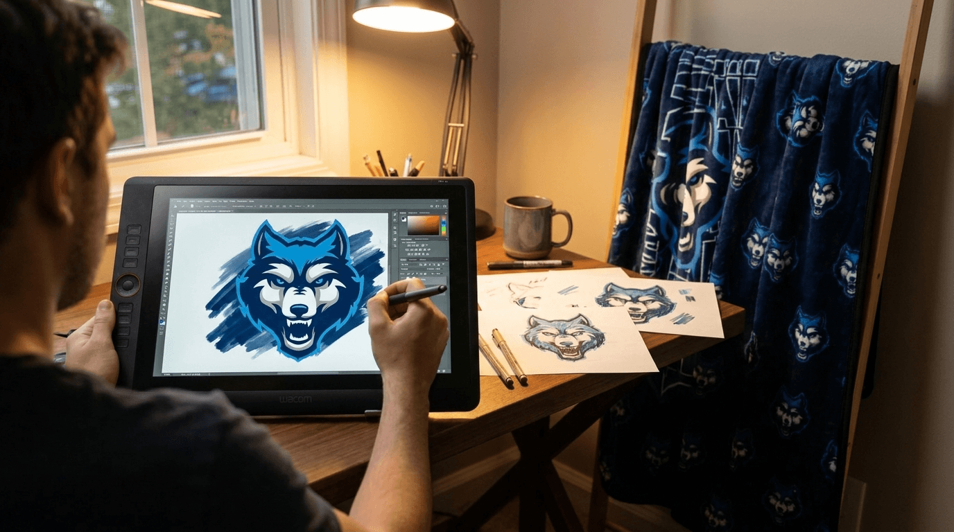 A Spectator Sport designer drawing a wolf mascot on a pen tablet, with the finished printed mascot blanket draped behind the desk